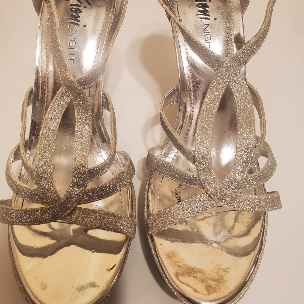 Glittery Silver Ankle Strap Stiletto Heels - Fioni Night - Women's Size 9